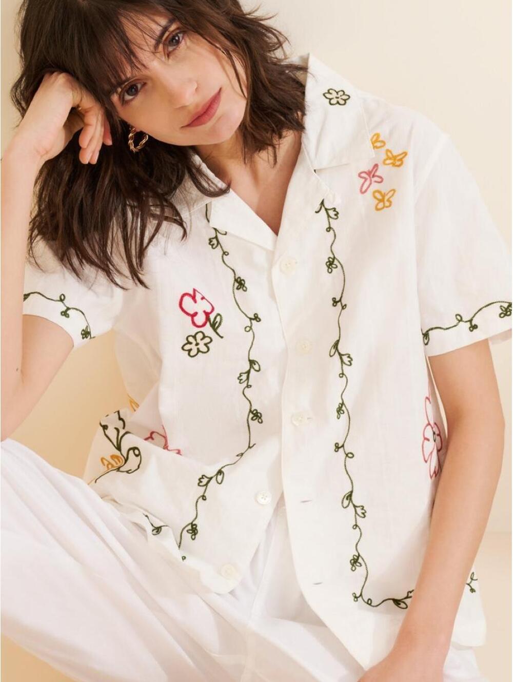 DUNST Anthropologie Unisex Graphic Embroidered Open Collar Top